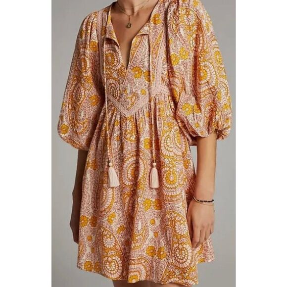 Anthropologie Agathe Lace Mini Dress Lace Neck Tie Tassels Pink gold size M - Picture 9 of 12